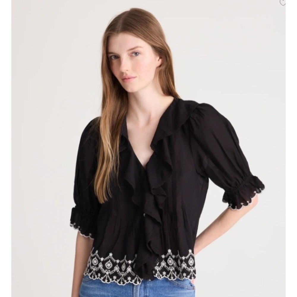 Madewell Top Women Small Jet Black Blaire Eyelet Ruffle Sleeve Button Up NZ442